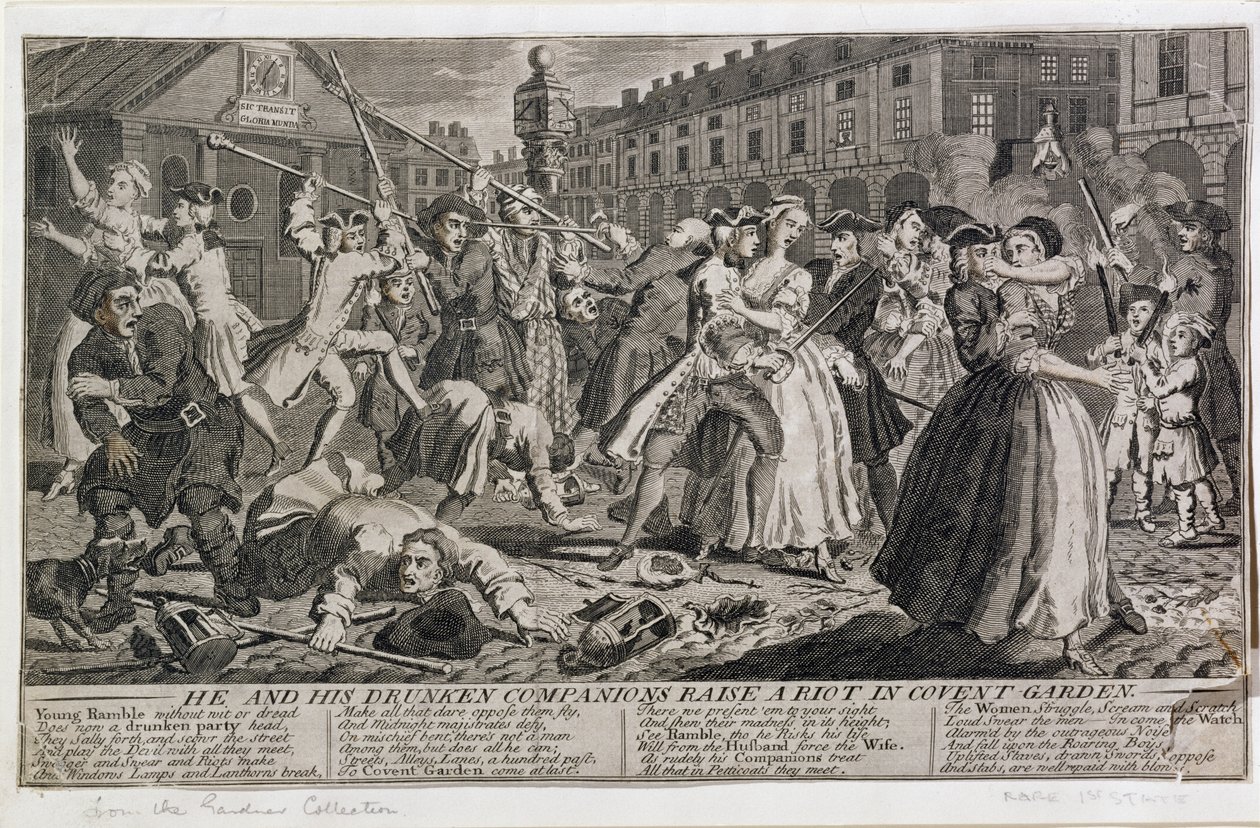 Hän ja hänen humalaiset kumppaninsa nostavat mellakan Covent Gardenissa, 1735 tekijältä English School