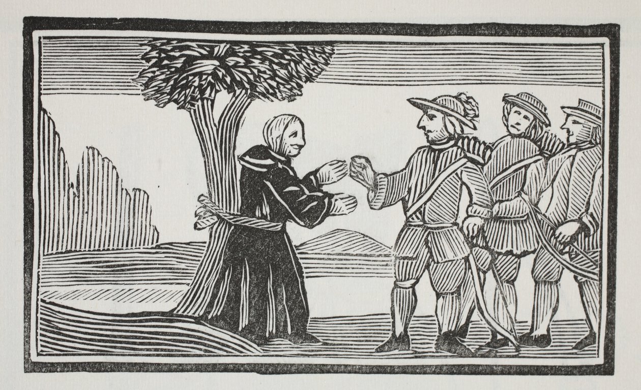 Hän sitoi Abbotin puuhun, kuvitus John Ashtonin pubista Chap-books of the Eightenth Century. 1882 tekijältä English School
