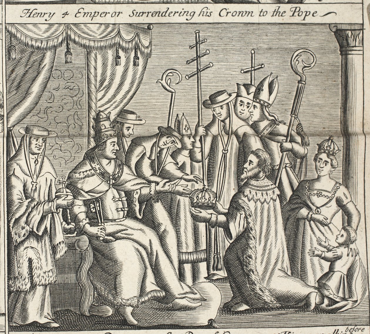 Henrik 4 Keisari luovuttamassa kruunuaan paaville, kuvitus John Foxen teoksesta Apostolien teot ja monumentit, yhdeksäs painos, pubi. 1684 tekijältä English School