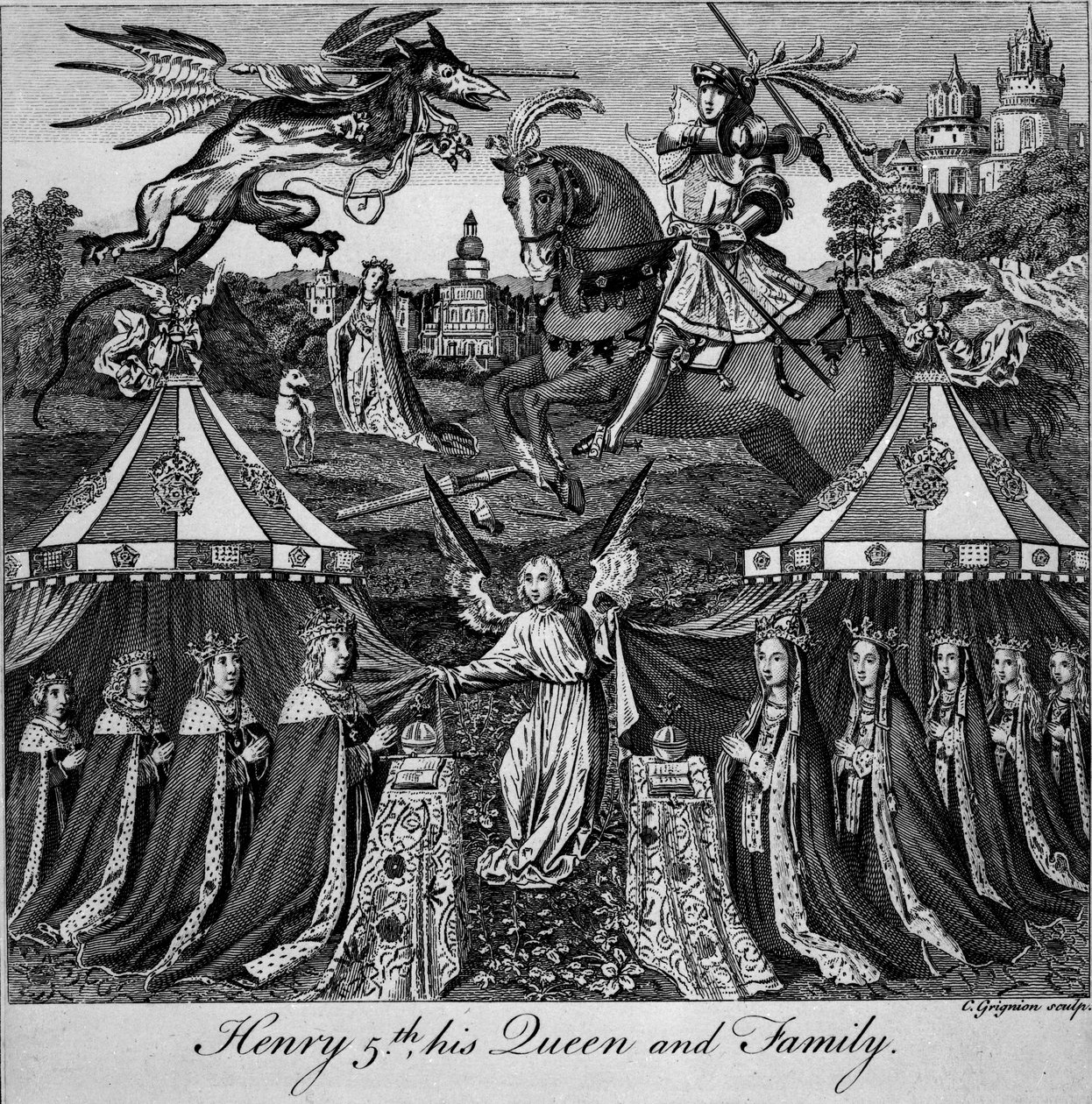 Henry 5th, hänen kuningattarensa ja perheensä, kaiverrus Charles Grignion (1717-1810) tekijältä English School