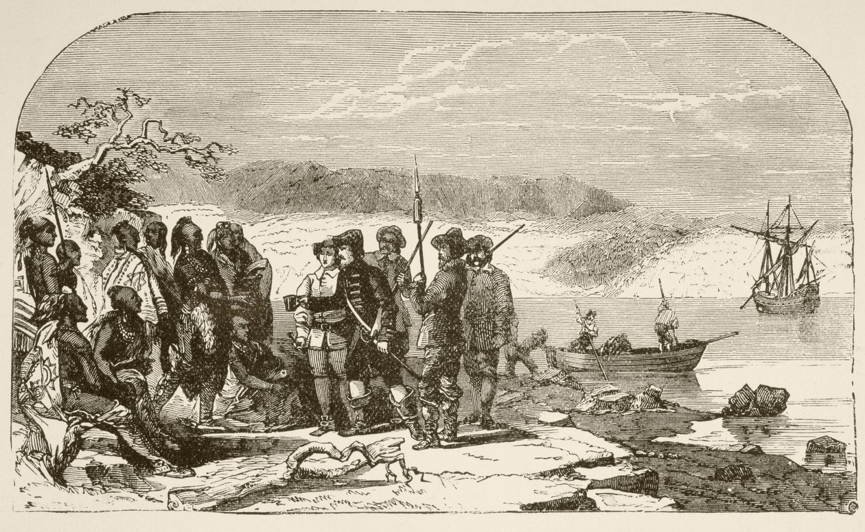 Henry Hudson tarjoaa viinaa intiaaneille vuonna 1609 (litho) tekijältä English School