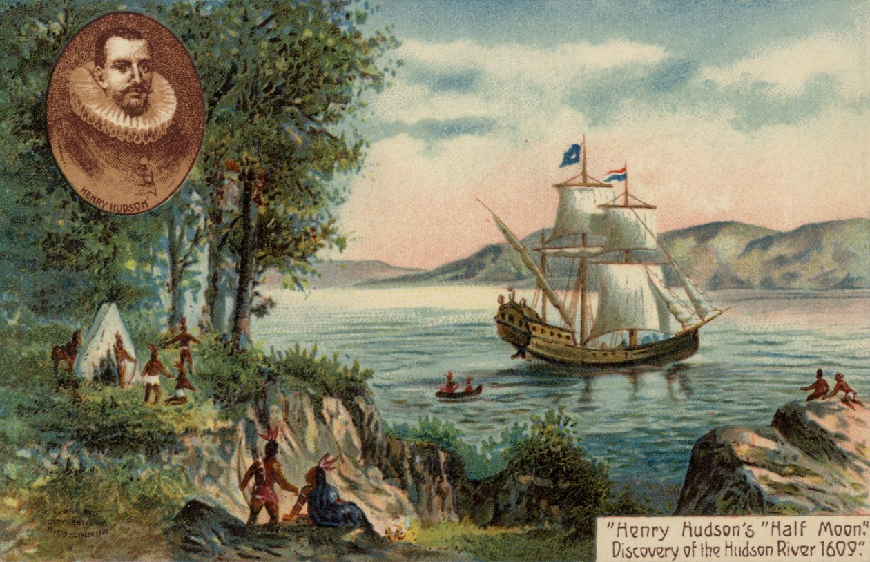Henry Hudsonin Half Moon -alus löytämässä Hudson-jokea, Pohjois-Amerikka. tekijältä English School