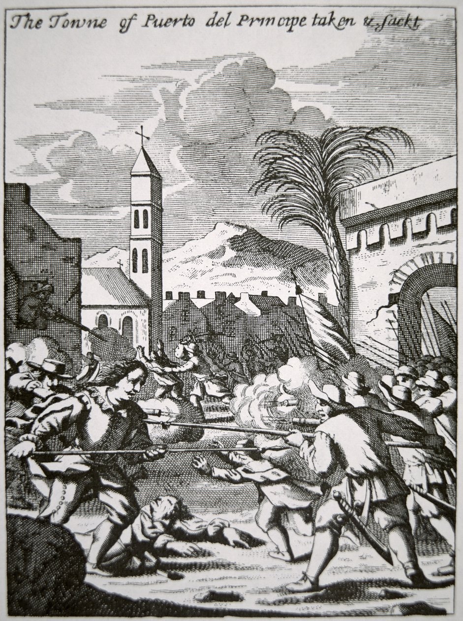 Henry Morgan valloittaa ja ryöstää Puerto de Principen kaupungin Kuubassa vuonna 1668, kuvitus John Esquemelingin teoksesta "The Buccaneers of America", julkaistu 1699 (kaiverrus). tekijältä English School