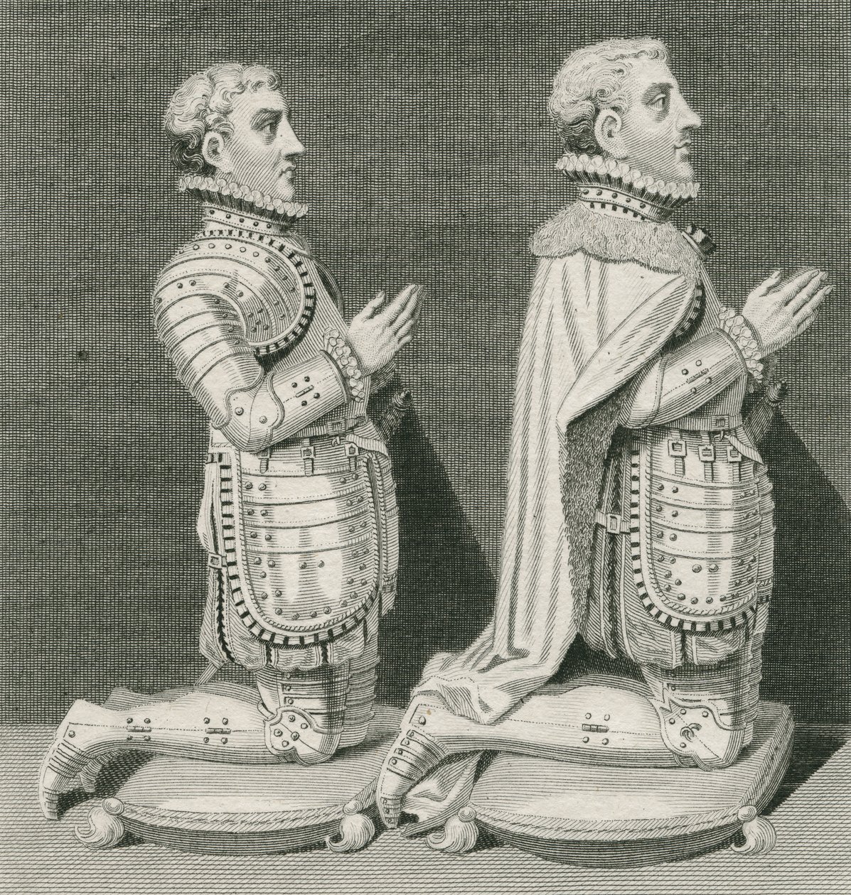 Henry Stuart, lordi Darnley ja hänen veljensä Charles Stuart, Lennoxin kreivi polvistumassa äitinsä haudan eteen Westminster Abbeyssa, kaiverrettu Andrew Birrell, 1796 tekijältä English School