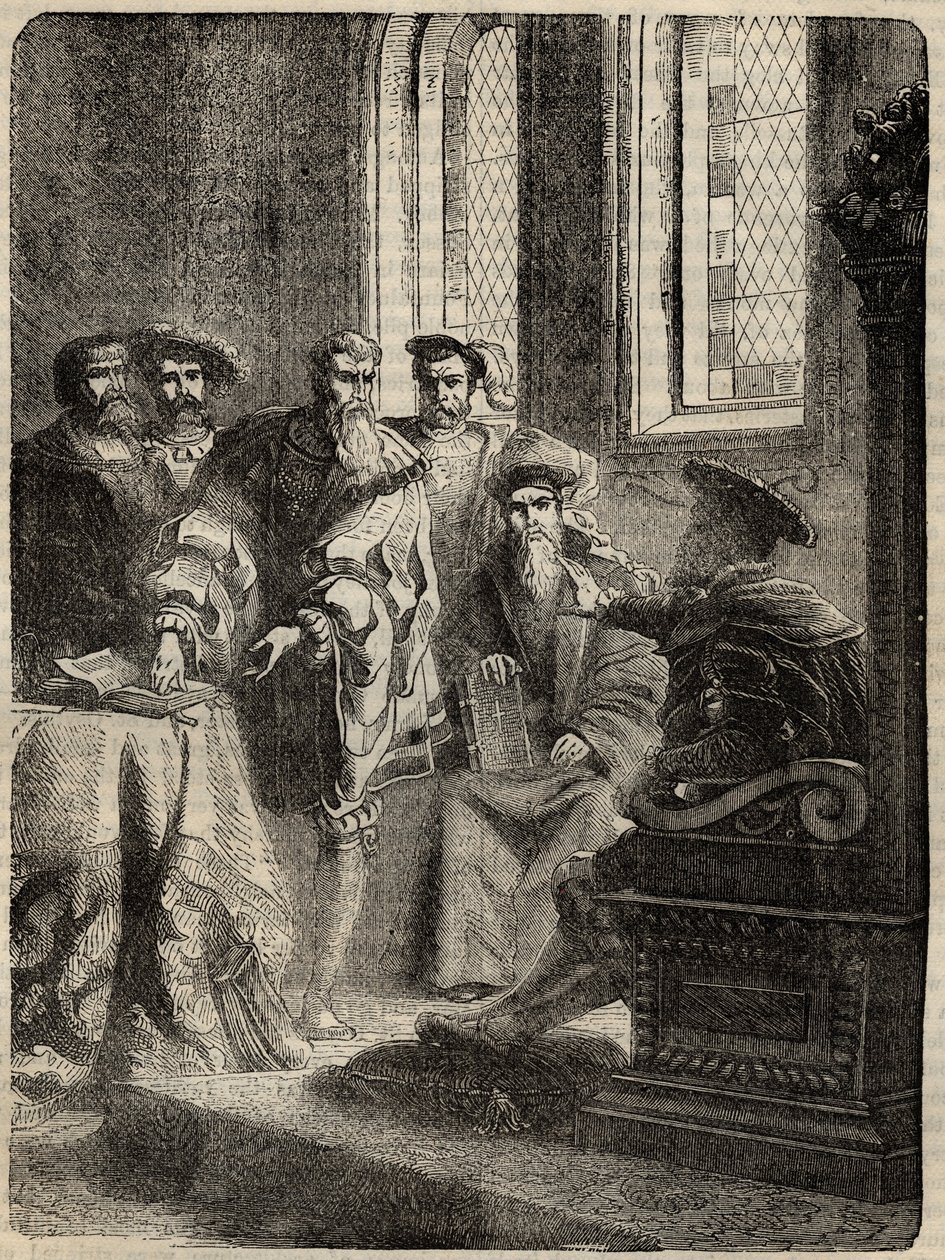 Henrik VIII. ja hänen neuvostonsa, joka määräsi Raamatun kääntämisen englanniksi - 1538 - kaiverrus Cassell Petter & Galpinin kirjasta "Englannin historia" tekijältä English School