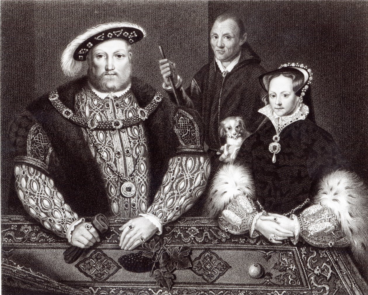 Henry VIII, hänen tyttärensä Queen Mary ja Will Somers 1500-luvun öljymaalauksen jälkeen, joka maalattiin postuumisti, 1821 tekijältä English School