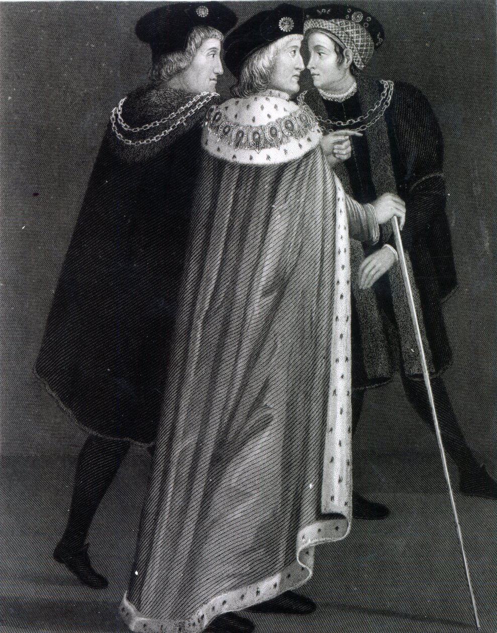 Henry VII Richard Empsonin ja Sir Edmund Dudleyn kanssa (kaiverrus) tekijältä English School