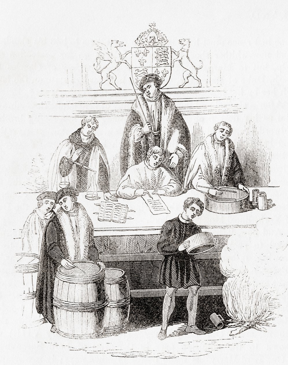 Henry VII:n painojen ja mittojen oikeudenkäynti valtionkassassa vuonna 1497, Vanhasta Englannista: Kuvamuseo, pubi. 1847 tekijältä English School
