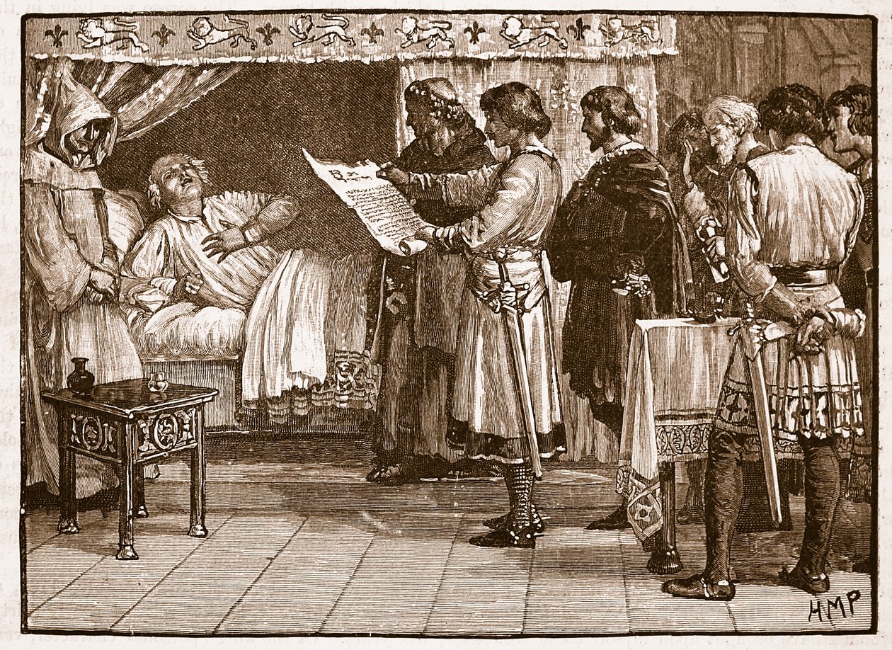 Henry saa tiedon Johnin petoksesta, kuvitus Cassells Illustrated History of Englandista (seepiakuva) tekijältä English School