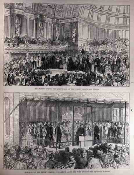 Hänen Majesteettinsa avaa Kansanpalatsin Queens Hallin ja laskee ensimmäisen kiven teknillisille kouluille, Illustrated London News, 21. toukokuuta 1887 tekijältä English School