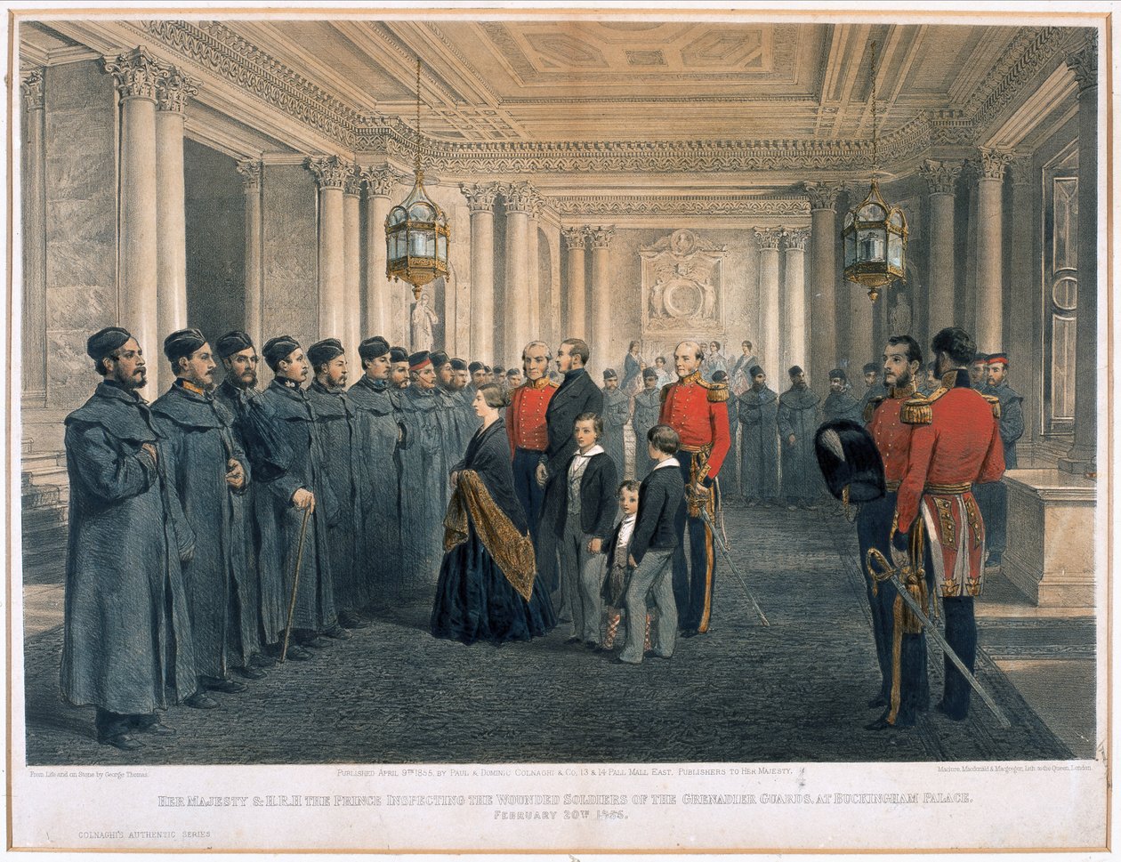 Hänen majesteettinsa kuningatar Victoria (1819-1901) ja H.R.H. Prinssi Albert (1819-61) tarkastamassa Grenadier-kaartin haavoittuneita sotilaita Buckinghamin palatsissa, 1855 tekijältä English School