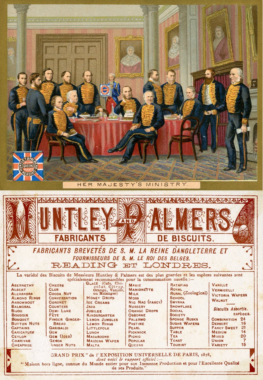 Hänen Majesteettinsa ministeriö, Ranskan markkinoille tuotetun Huntley & Palmers Biscuits -kampanjakortin etu- ja takapuoli n. 1890 tekijältä English School