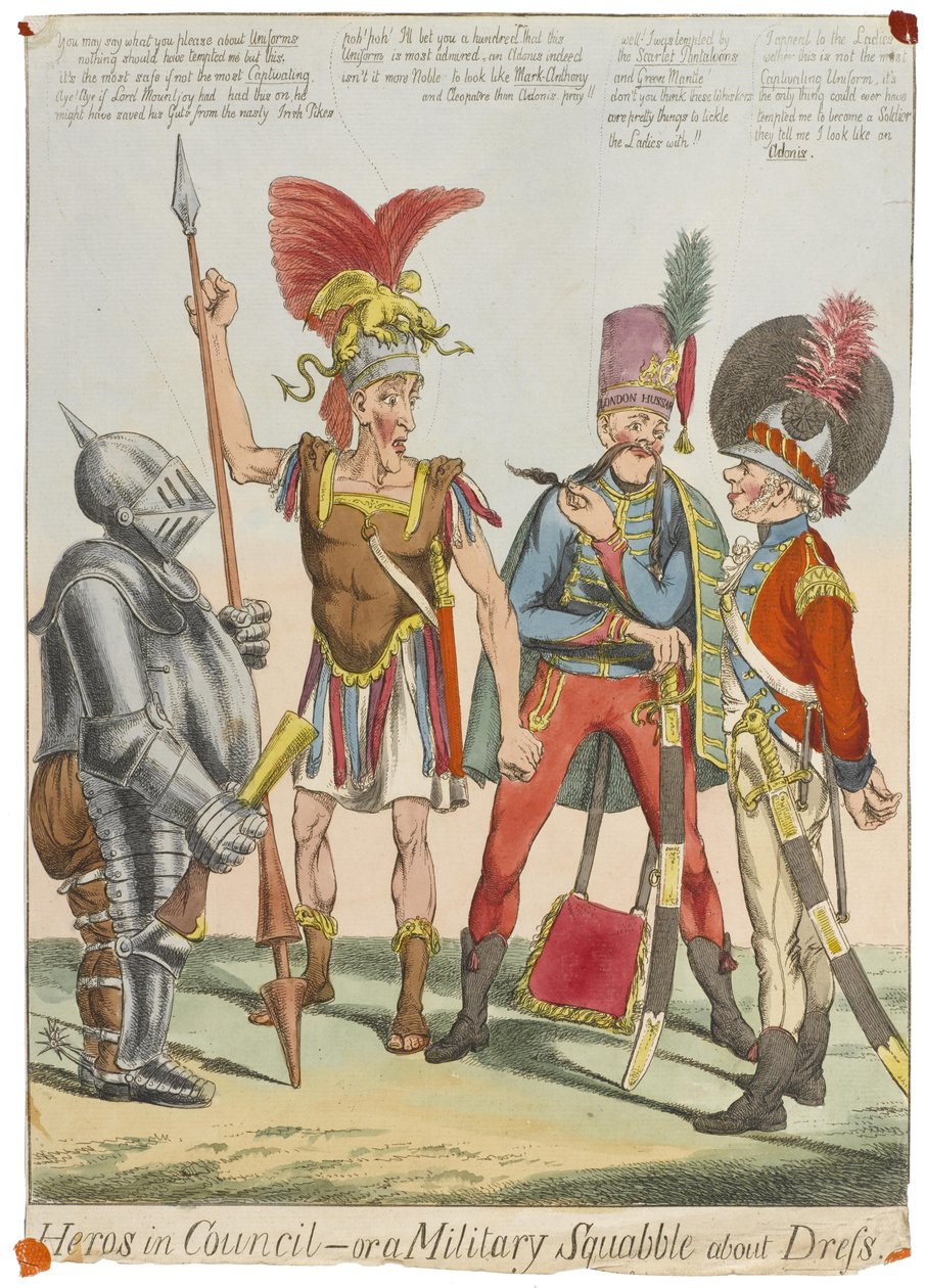 "Sankarit neuvostossa - tai sotilaallinen kiista pukeutumisesta", n. 1820 (värinen kaiverrus) tekijältä English School