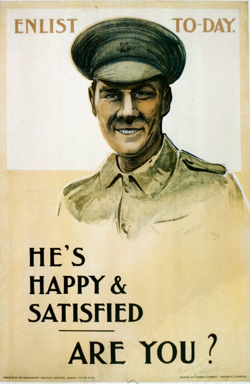 Hes Happy & Satisfied - Are You?, Brittiläinen ensimmäisen maailmansodan ajan rekrytointijuliste, 1914-18 tekijältä English School