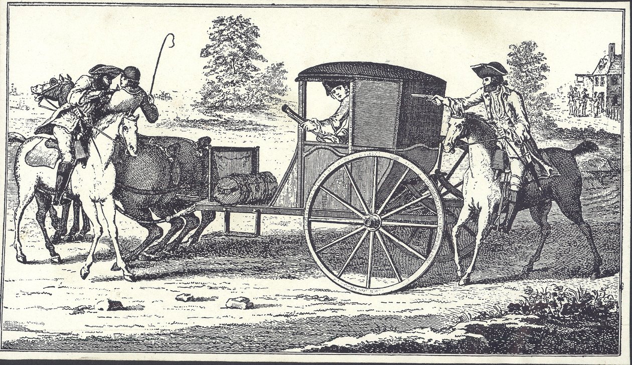Valtatiemiehet James MacLaine ja William Plunkett ryöstävät Eglintonin jaarlin Hounslow Heathissa 26. kesäkuuta 1750 (kaiverrus) tekijältä English School