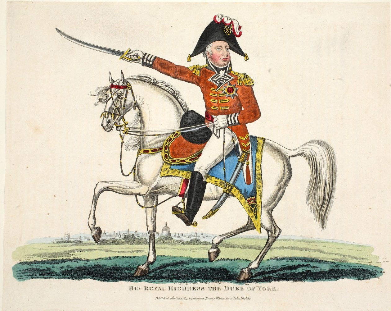 Hänen kuninkaallinen korkeutensa, The Duke of York, pubi. Richard Evans, kaivertanut Romney, kuvitus William Mudfordin historiallisesta kertomuksesta Waterloon taistelusta, 1816 tekijältä English School