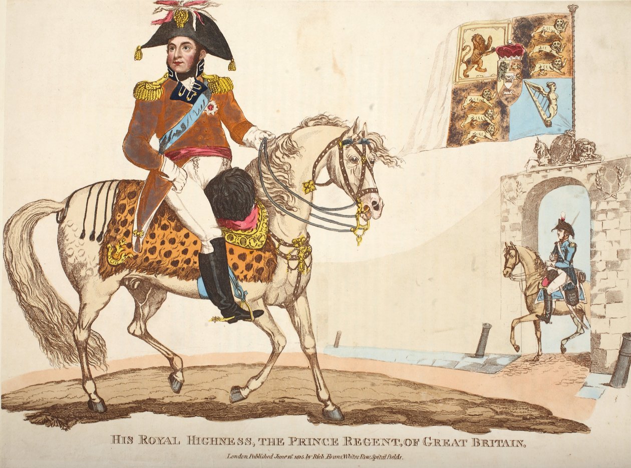 Hänen kuninkaallinen korkeutensa, Ison-Britannian prinssihallitsija, pub. kirjoittanut Richard Evans, engr Romney, kuvitus William Mudfordin historiallisesta kertomuksesta Waterloon taistelusta, 1816 (värinen kaiverrus tekijältä English School