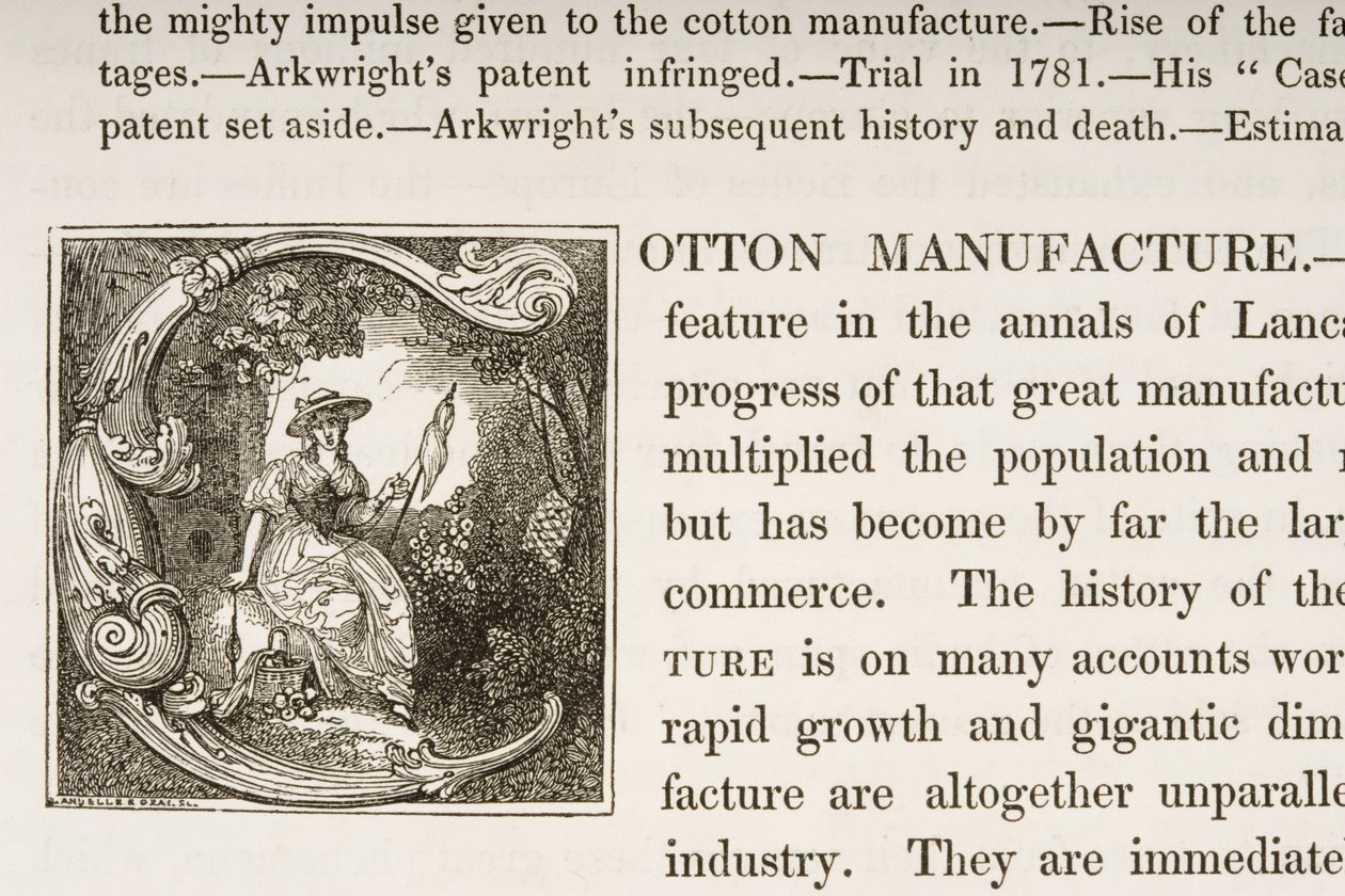 Historioitu alkukirjaus C, kirjasta British Cotton Manufacturing tekijältä English School