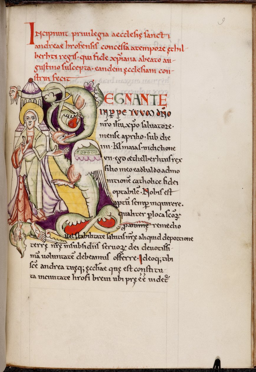 Historioitu alkukirjain "R" (egnante), jossa on Kristus ja lohikäärme, Textus Roffensis, ennen vuotta 1719 (faksimile pergamentille) tekijältä English School