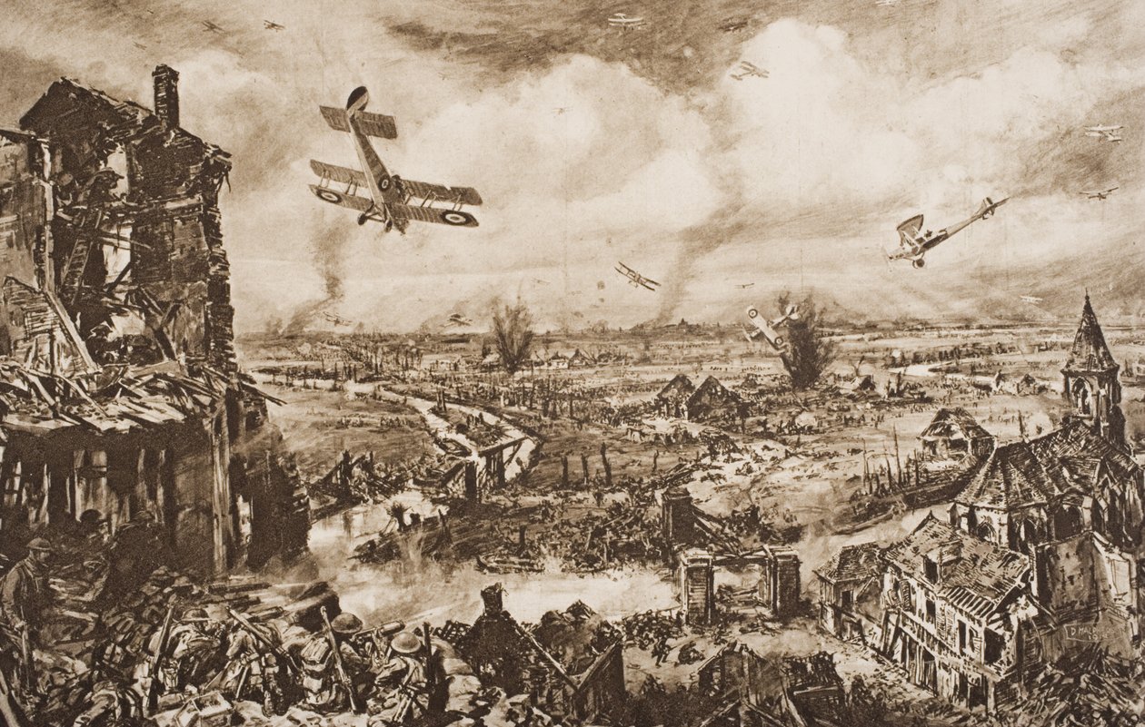 Holding up a German Attack, Armentieres, Belgia, esimerkki H.G. Wellsin teoksesta The Outline of History, osa II, julkaistu vuonna 1920 tekijältä English School