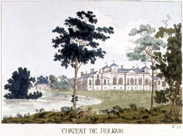 Holkham Hall, Norfolk, kuvitus William Wattsin teoksesta Paintings of Houses and Gardens, n. 1785 (värinen kaiverrus) tekijältä English School