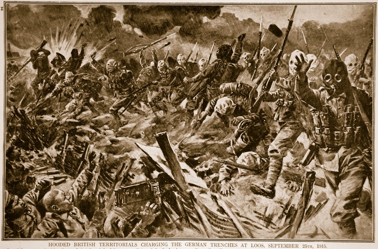 Hupulliset brittiläiset territoriaalit lataavat Saksan juoksuhautoja Loosissa, 25. syyskuuta 1915, 1914-1919 tekijältä English School