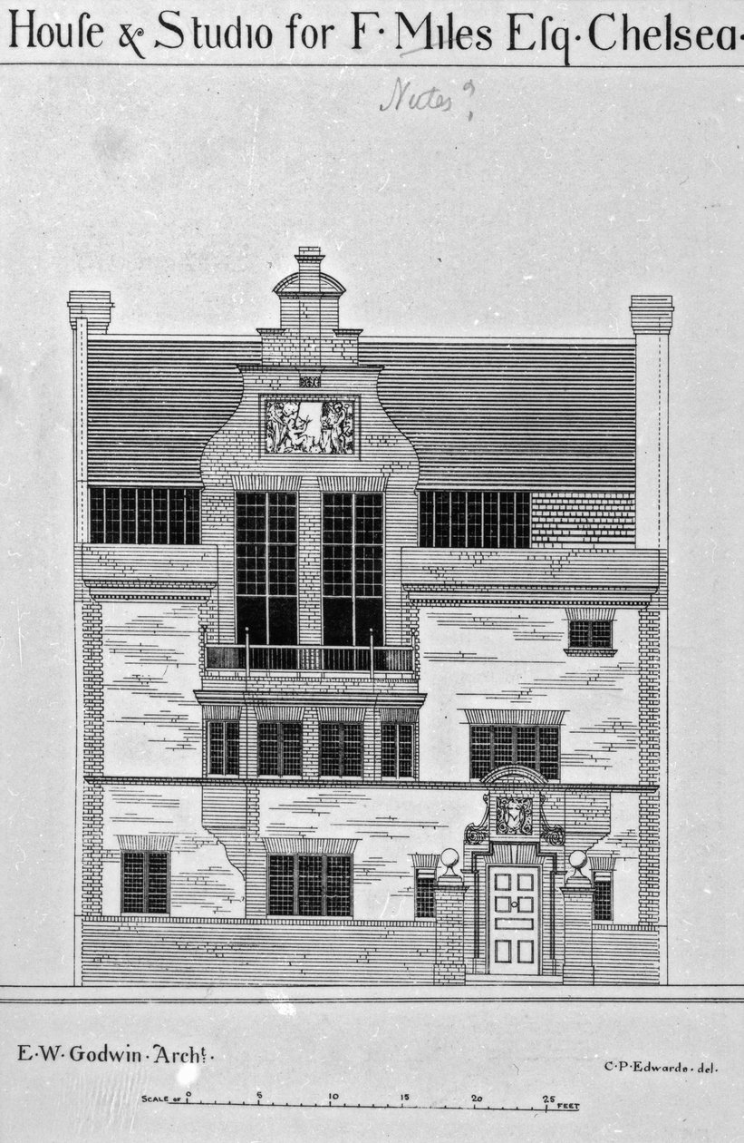 House und Studio for F. Miles Esq., Chelsea, kuvitus teoksesta "The British Architect and Northern Engineer", julkaistu 6. joulukuuta 1878 tekijältä English School