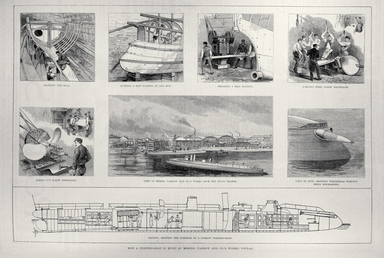 Torpedoveneen rakentaminen Yarrowin ja Co:n tehtaalla Poplarissa, The Illustrated London News, 27. maaliskuuta 1886. tekijältä English School