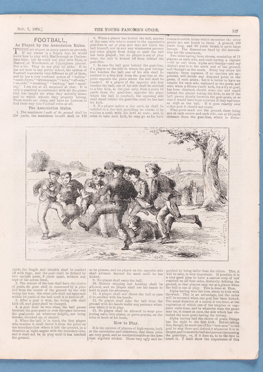 Kuinka pelata jalkapalloa yhdistyksen sääntöjen mukaan, artikkeli The Young Fanciers Guide -oppaasta, 1874 (katso myös 315146) tekijältä English School
