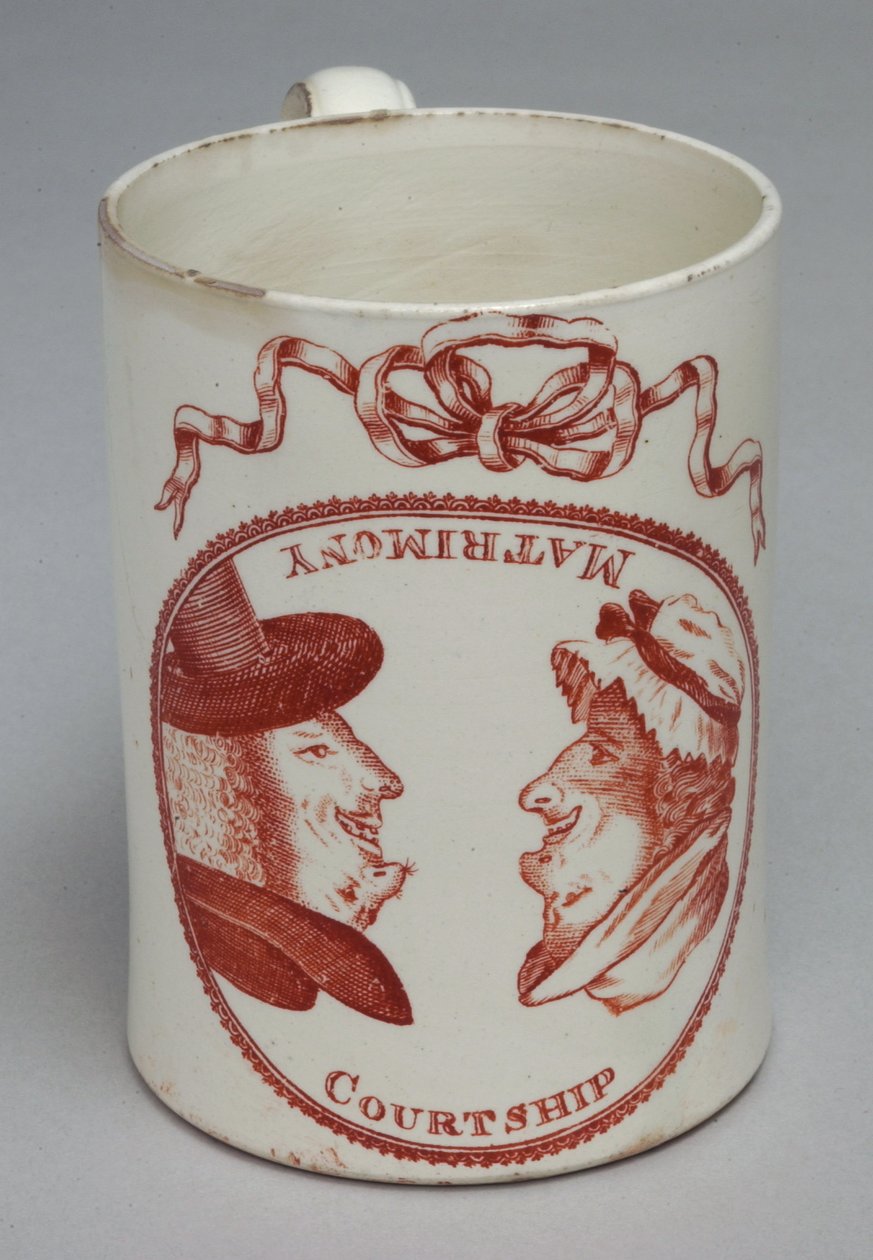Humoristinen muki, joka on koristeltu käännettävillä miehen ja naisen päillä, n. 1780 (kermaastia) tekijältä English School