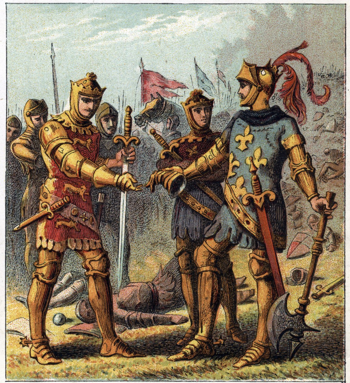 Satavuotinen sota: Poitiersin taistelu (1356). Ranskan kuningas Johannes II Hyvä (1319-1364) tunnusti tappionsa ja meni Englannin Edward Plantagenet
