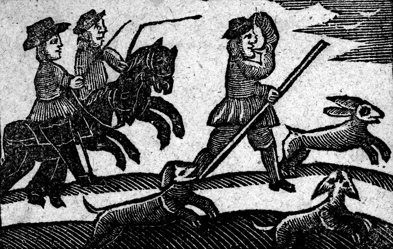Metsästyskohtaus teoksesta A Book of Roxburghe Ballads tekijältä English School