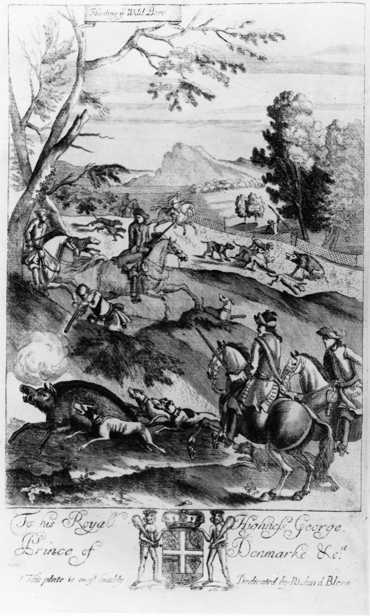 Metsästys villisikaa, Richard Blomen julkaisemasta "Herrasmiesten virkistyskirjasta", 1686 tekijältä English School