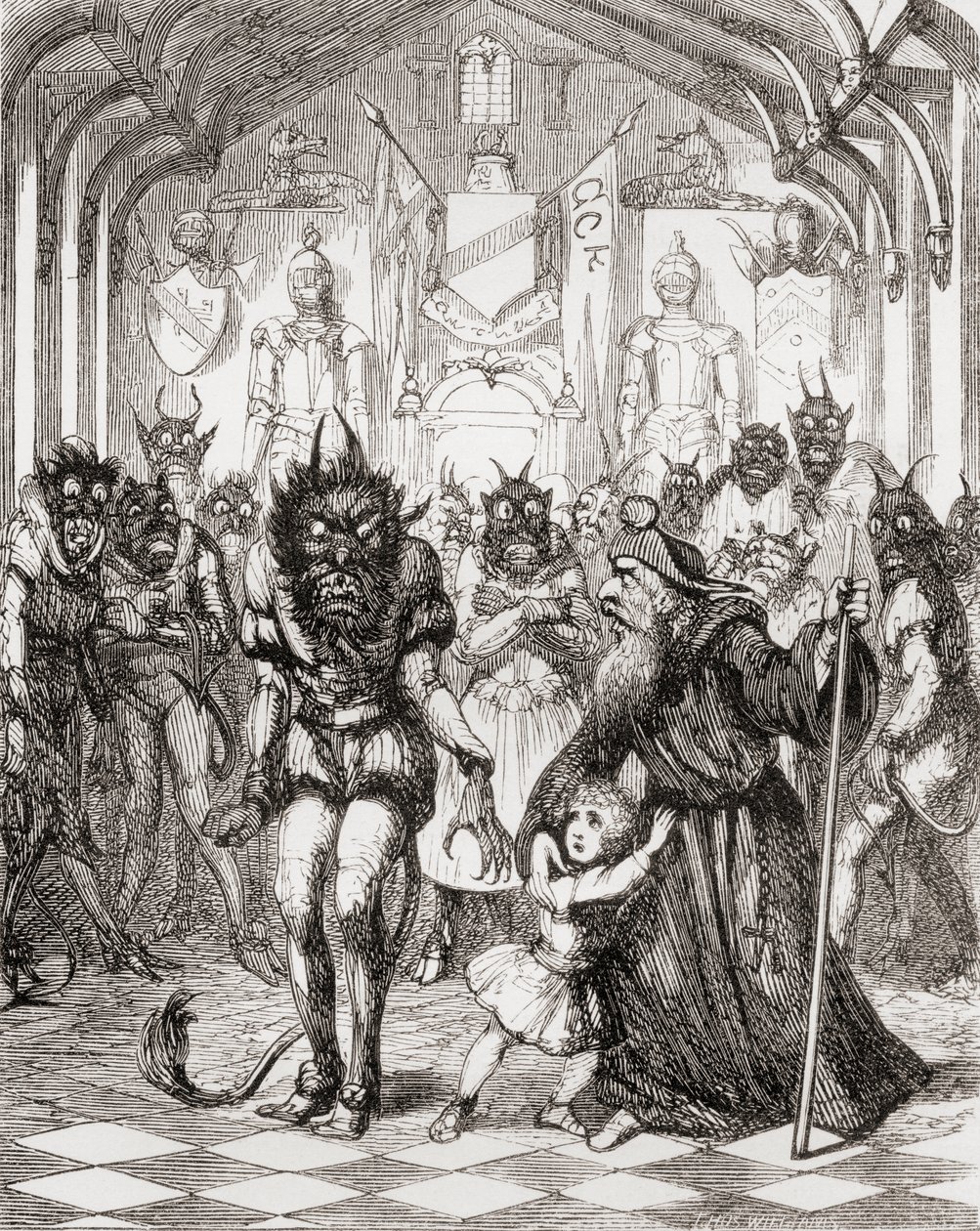 Kuvitus George Cruikshankin mukaan runolle "The Lay of St. Cuthbert", Thomas Ingoldsbyn teoksesta "The Ingoldsby Legends or Mirth and Marvels", julkaistu vuonna 1865 tekijältä English School