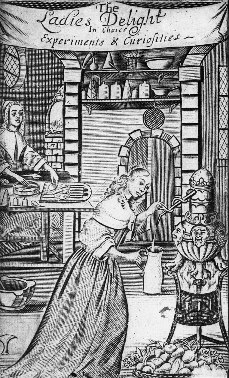 Kuvitus Hannah Woolleyn teoksesta "The Ladies Delight in choice experiments and curiosities", 1672 tekijältä English School