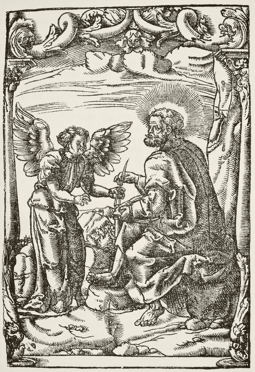 Kuvitus Tyndalesin alusta Uuden testamentin ensimmäisestä englanninkielisestä käännöksestä, joka julkaistiin Kölnissä vuonna 1525, William Hickman Smith Aubin Englannin kansallis- ja kotihistoriasta tekijältä English School