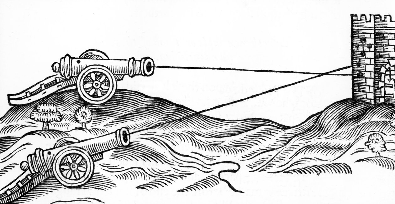 Kuva tykin tulesta Thomas Smithin (fl.1600-27) teoksessa The Art of Gunnery, 1628 tekijältä English School
