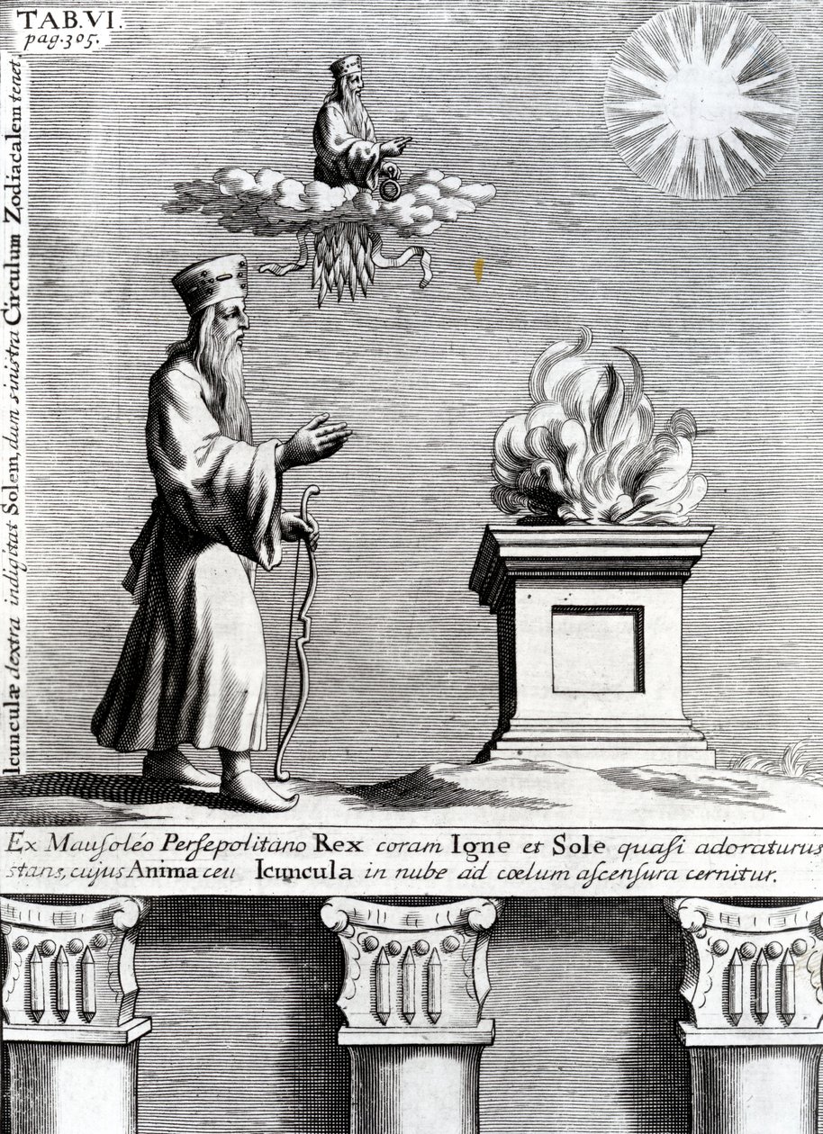 Kuva Zoroasterista, joka palvoo tulta ja aurinkoa, 1697 tekijältä English School