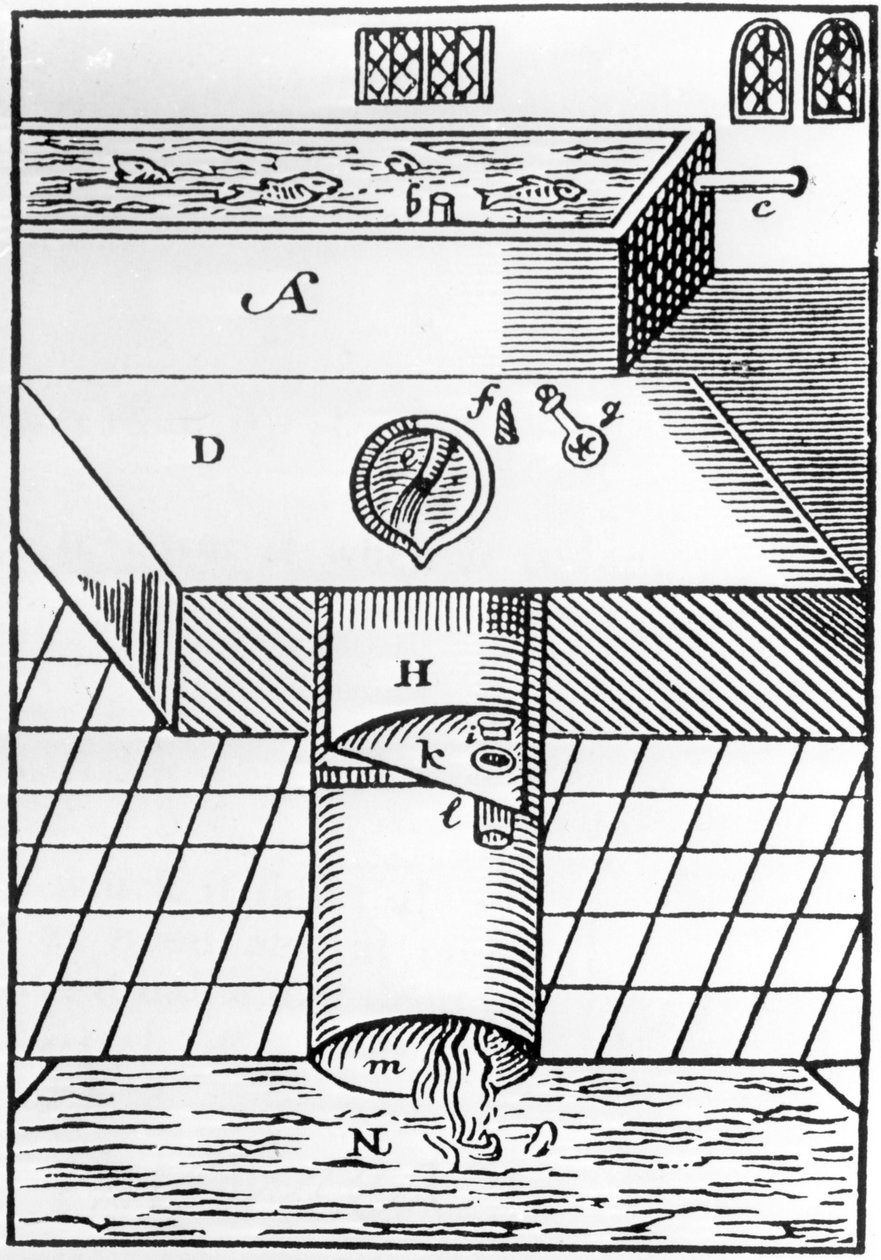 Kuva Sir John Harringtons Water Closetista, otettu julkaisusta A New Discourse of A Stale Subject, nimeltään Ajaxin metamorfoosi, 1596 tekijältä English School