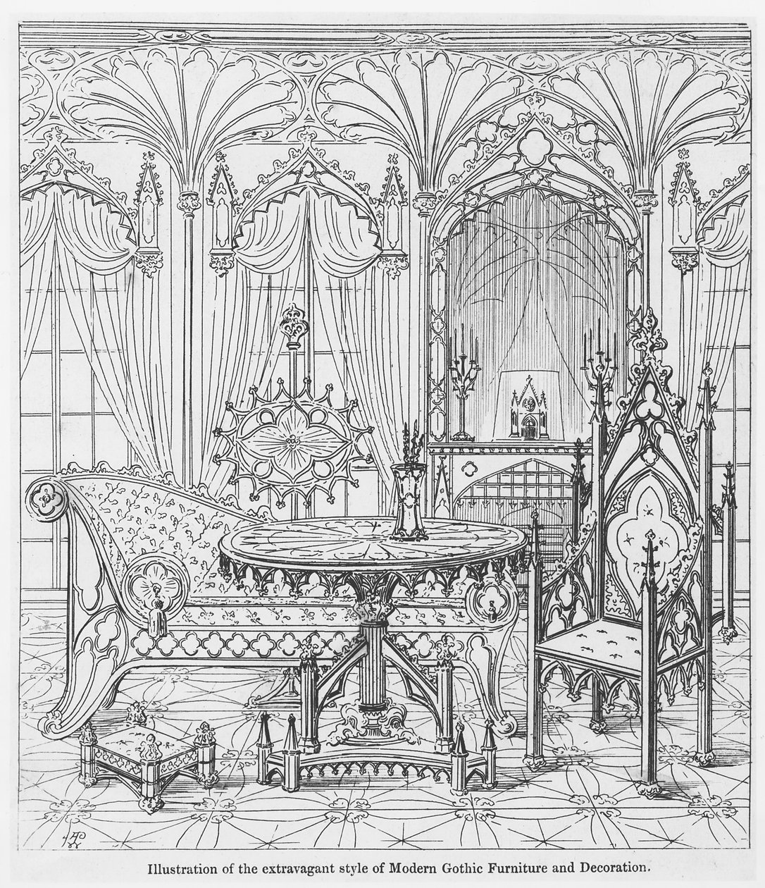 Kuva modernien goottilaisten huonekalujen ja sisustuksen ylellisestä tyylistä, Augustus Welby Puginin (1812-52) teoksesta True Principles of Pointed of Christian Architecture tekijältä English School
