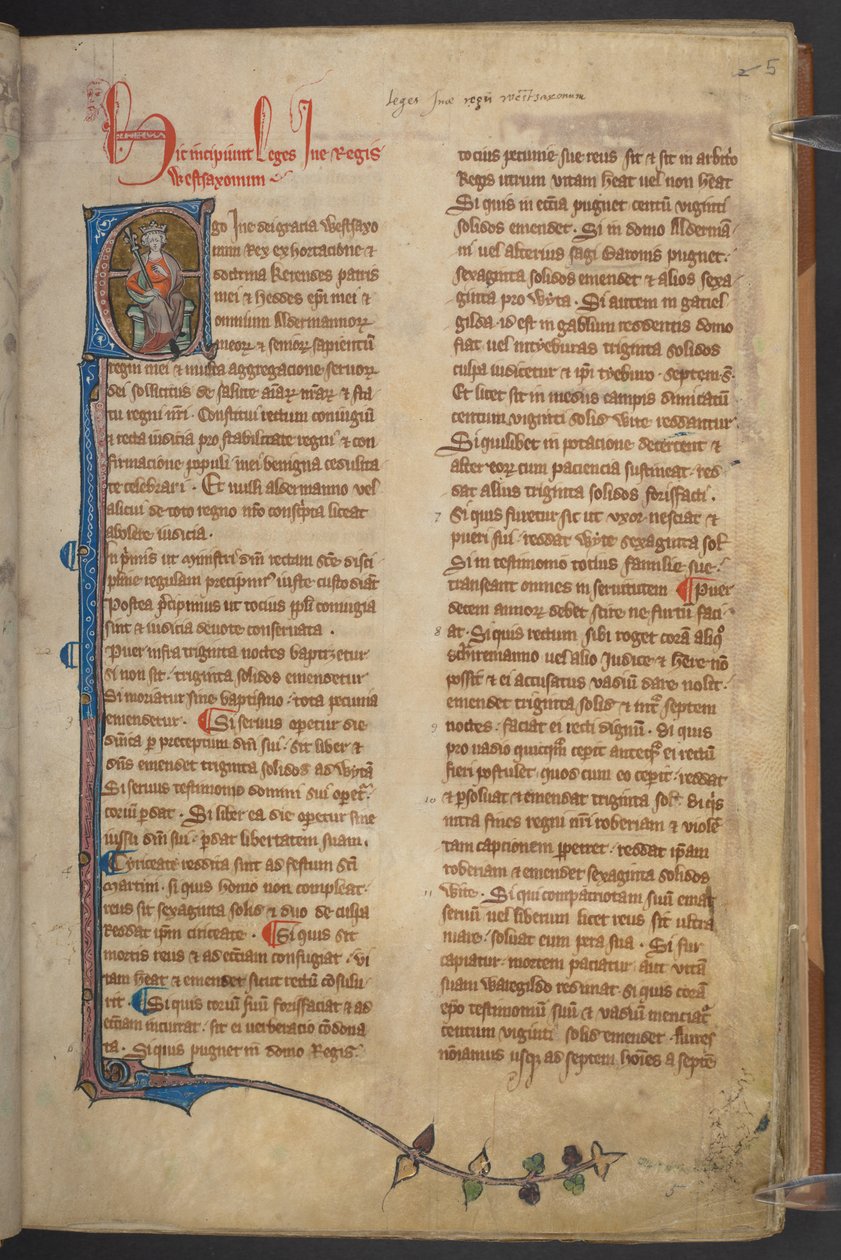 Kuva kuningas Inesta Englannin perussäännöstä, puuvillakäsikirjoitus Claudius D II, f.5r tekijältä English School