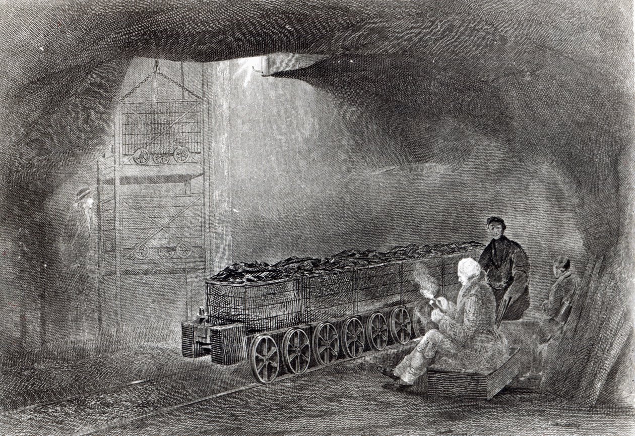 Hiilikaivoksessa, kuvitus W.Fordycen vuonna 1860 julkaisemasta teoksesta "A History of Coal, Coke, Coalfields and Iron Manufacture in Northern England". tekijältä English School