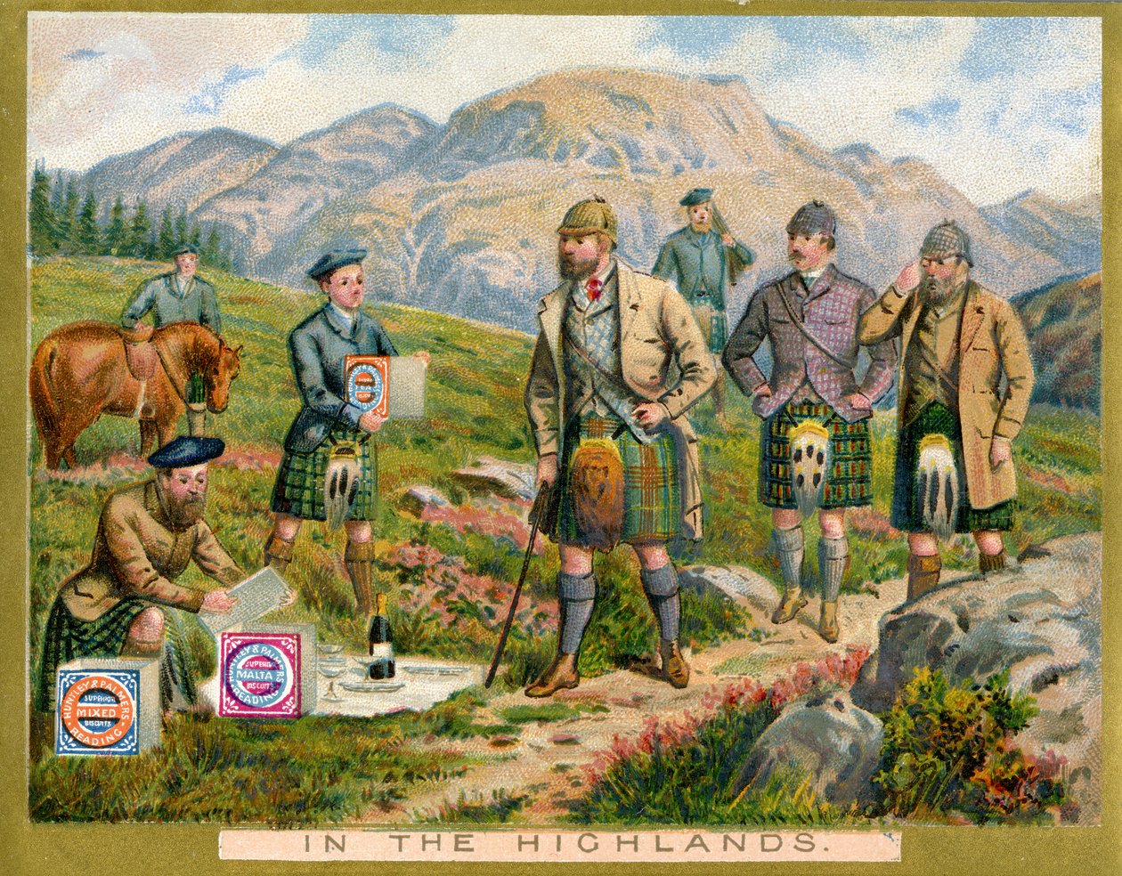 Highlandsissa, mainoskortti Huntley & Palmers Biscuitsille, n. 1890 tekijältä English School