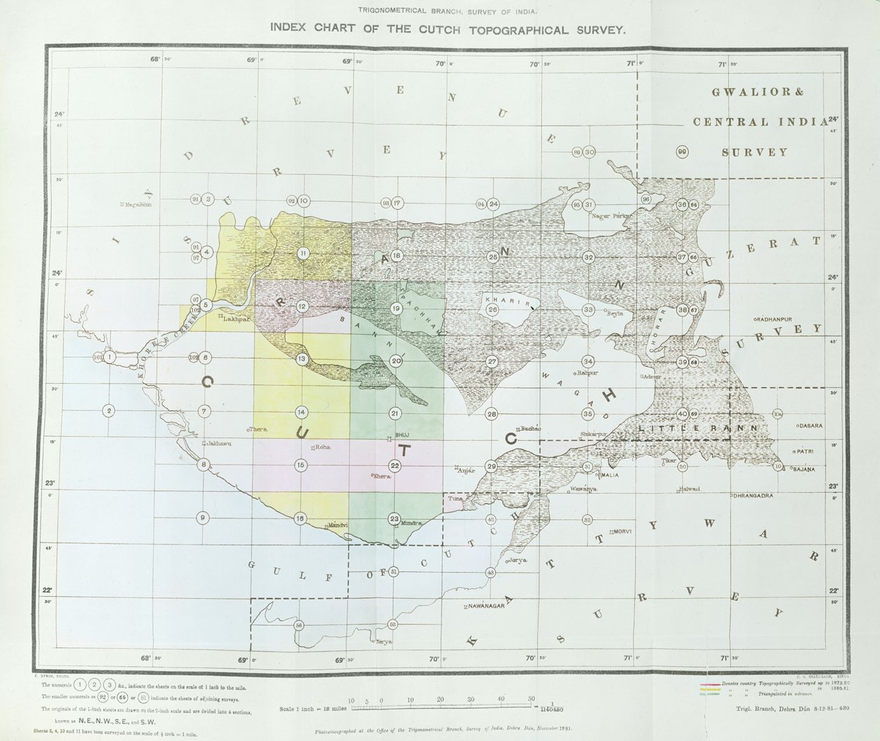Trigonometrisen haaran Cutch Topographical Surveyn hakemistokaavio, Survey of India, Dehra Dun, marraskuu 1881 tekijältä English School
