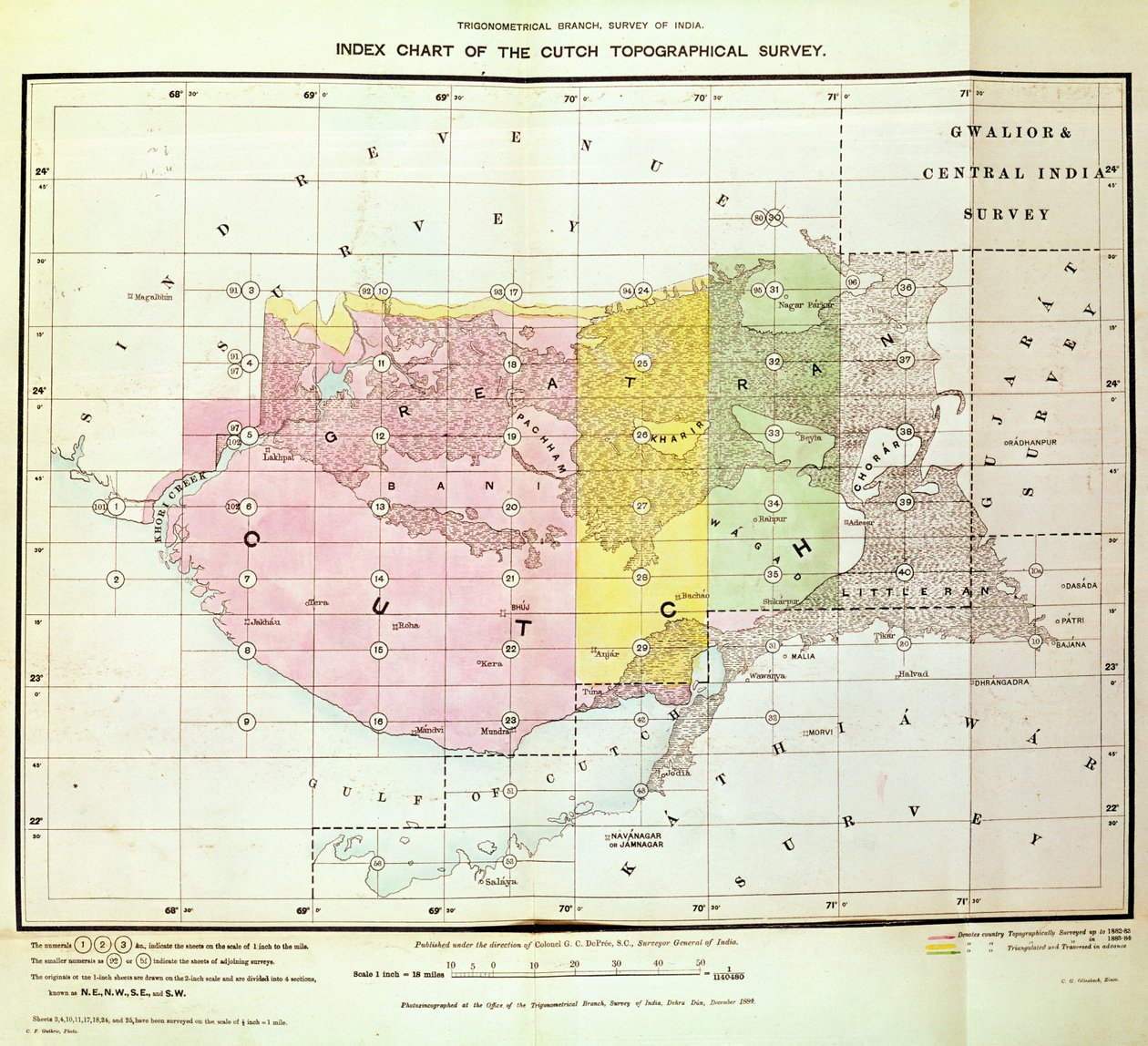 Trigonometrisen haaran Cutch Topographical Surveyn hakemistokaavio, Survey of India, Dehra Dun, marraskuu 1884 tekijältä English School