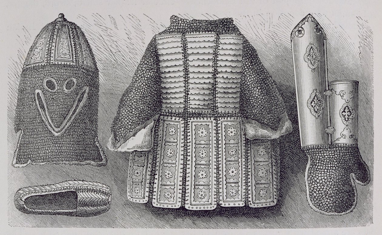 Intialainen panoppi, joka koostuu kypärästä, tunikasta, käsineistä ja kengistä Bhujista, The History of Mankind, Vol.III, prof. Friedrich Ratzel, 1898 tekijältä English School
