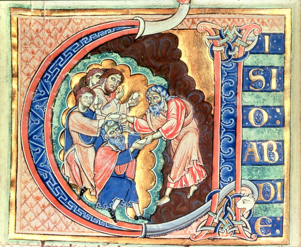 Alkukirjain "V" Visio Abdie, Visio of Obadiah, Winchesterin Raamatusta, n. 1150-80 (vellum) tekijältä English School