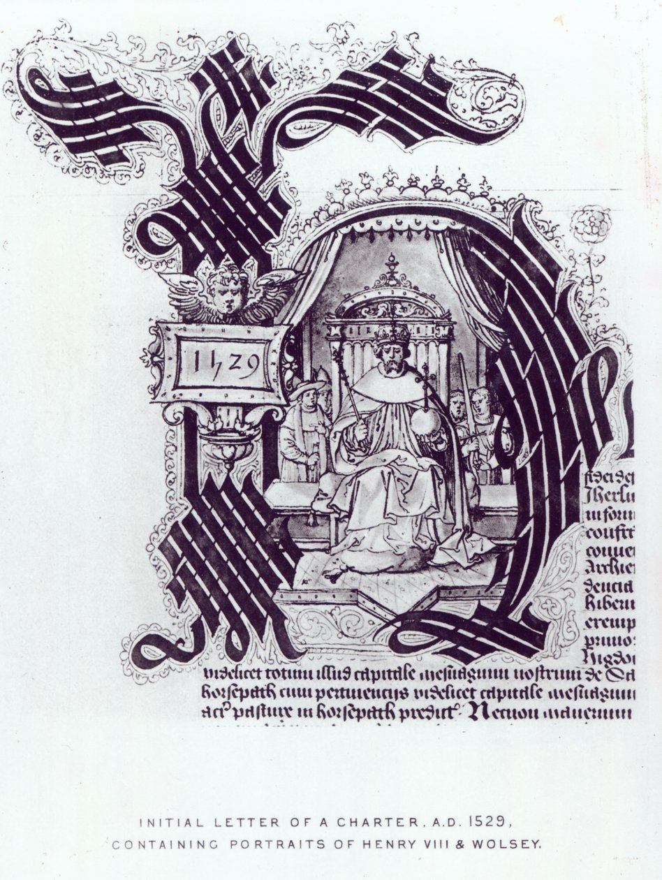 Henry VIII:n ja Wolseyn muotokuvia sisältävän peruskirjan ensimmäinen kirje, 1529 tekijältä English School