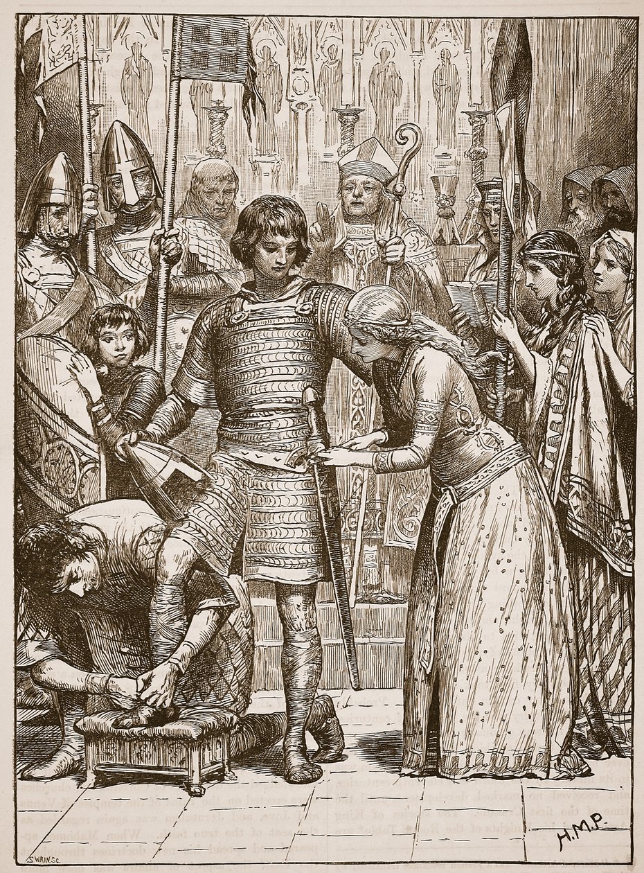 Vihkiminen ritarikunnan ritarikuntaan, kuvitus Cassells Illustrated History of Englandista (seepiakuva) tekijältä English School