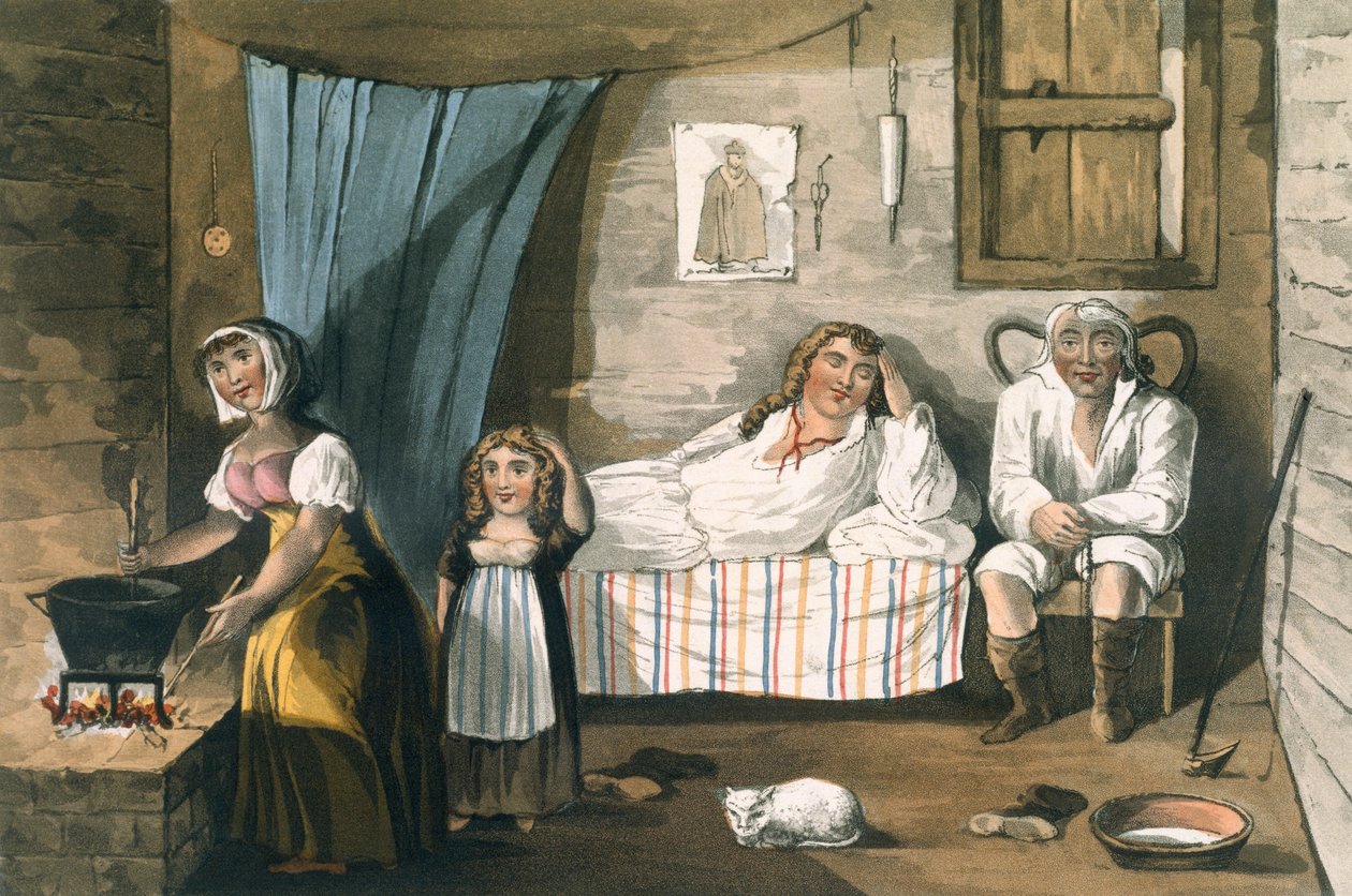 Mökin sisällä, T.H.:n maalauksellisesta kierroksesta Englannin järville Fielding ja J. Walton, julkaisija R. Ackermann, Lontoo, 1821 (käsinvärinen akvatinta) tekijältä English School